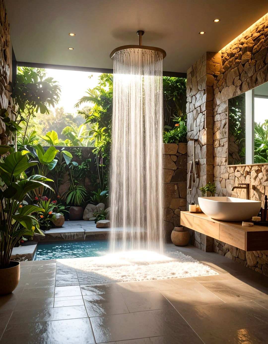 Natural Stone Waterfall Shower Feature - 24 Zen Bathroom Ideas