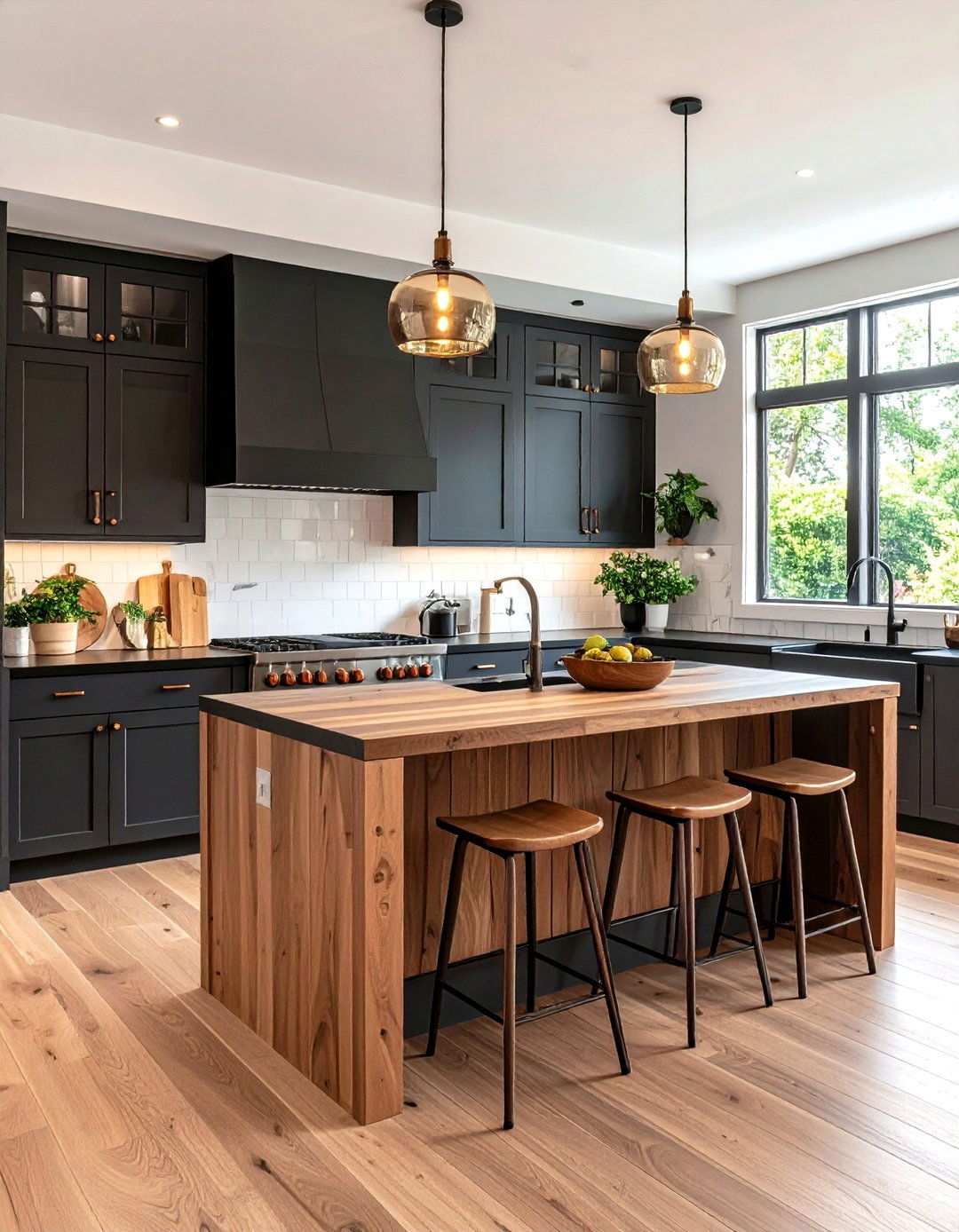Natural Wood Accent Elements - 24 Kitchen With Gray Cabinets And Black Countertops Ideas