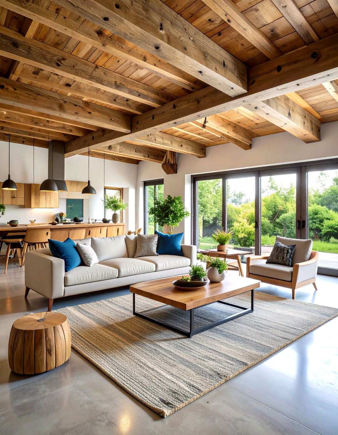 Natural Wood Beam Integration - 24 Rustic Concrete Floor Living Room Ideas