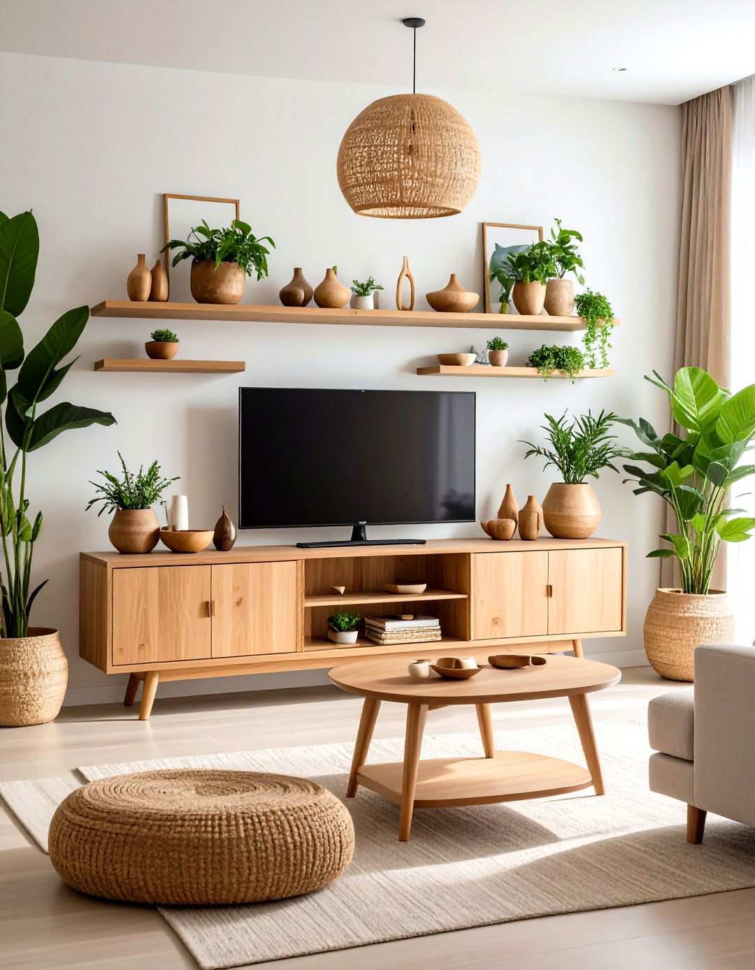 Natural Wood Console with Greenery - 24 Tv Console Decor Ideas