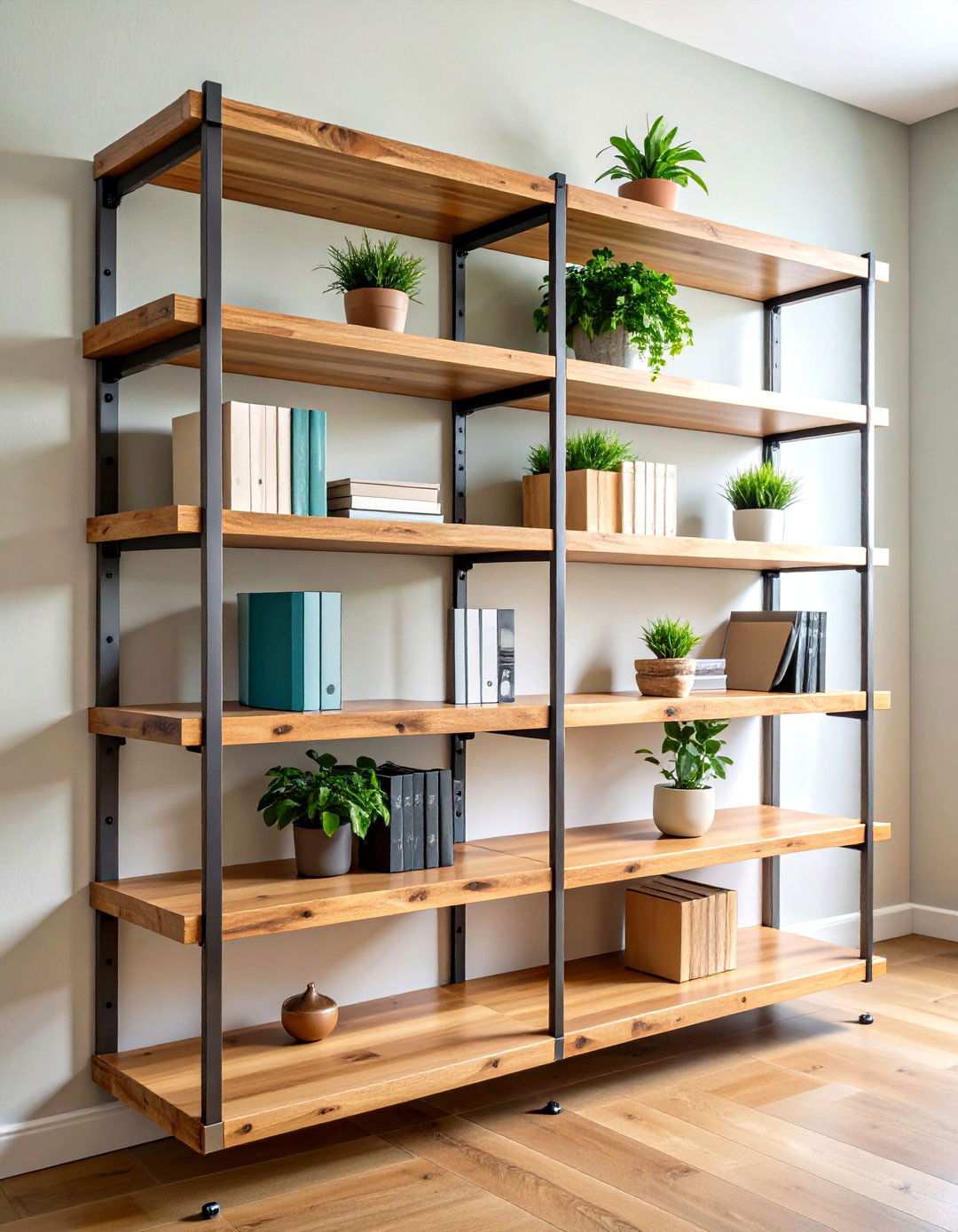 Natural Wood Floating Shelving - 24 Rustic Home Office Ideas