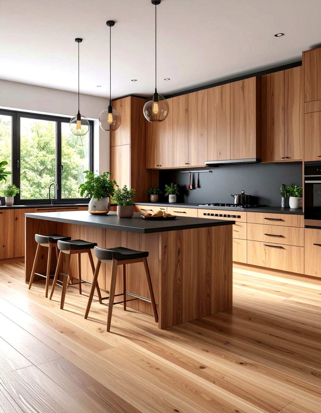 Natural Wood Flooring Coordination - 24 kitchen with brown cabinets and black countertops ideas