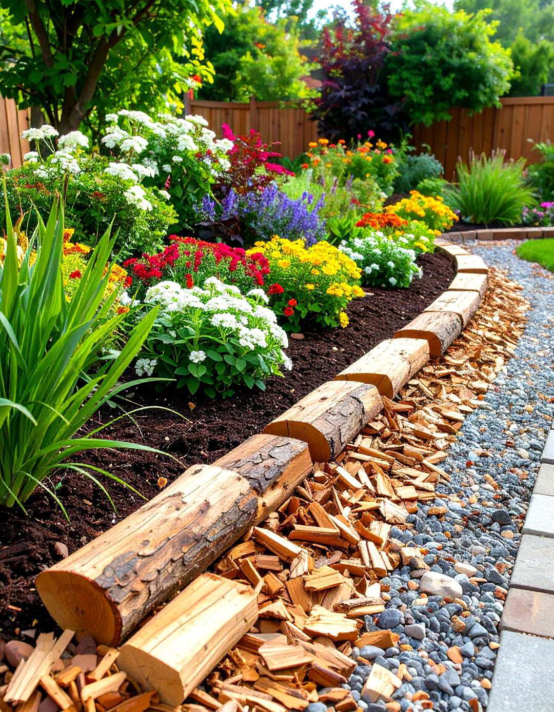Natural Wood Log Mulch Edging with Rustic Character - 24 Mulch Edging Ideas
