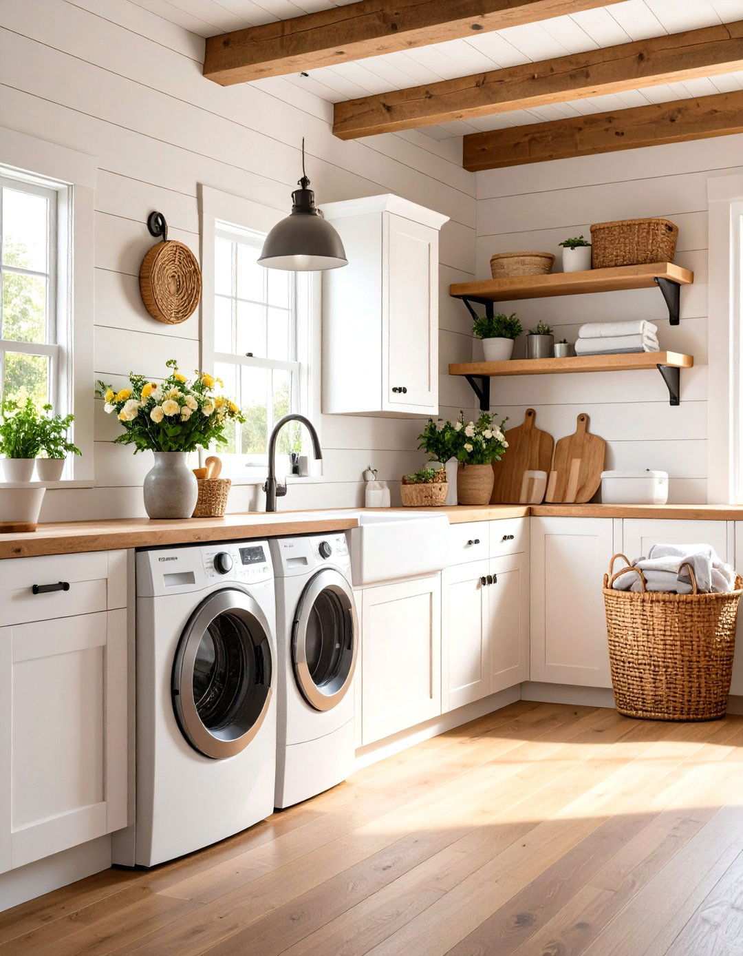 Natural Wood Shiplap with Rustic Elements - 24 Shiplap Laundry Room Ideas