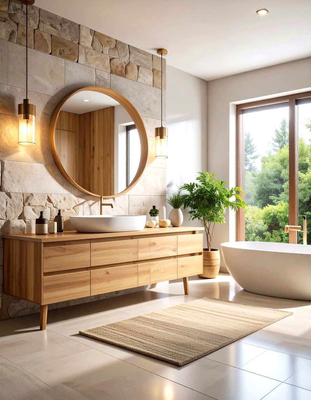 Natural Wood Vanity Bathroom with Stone Accents - 24 Japandi Bathroom Ideas