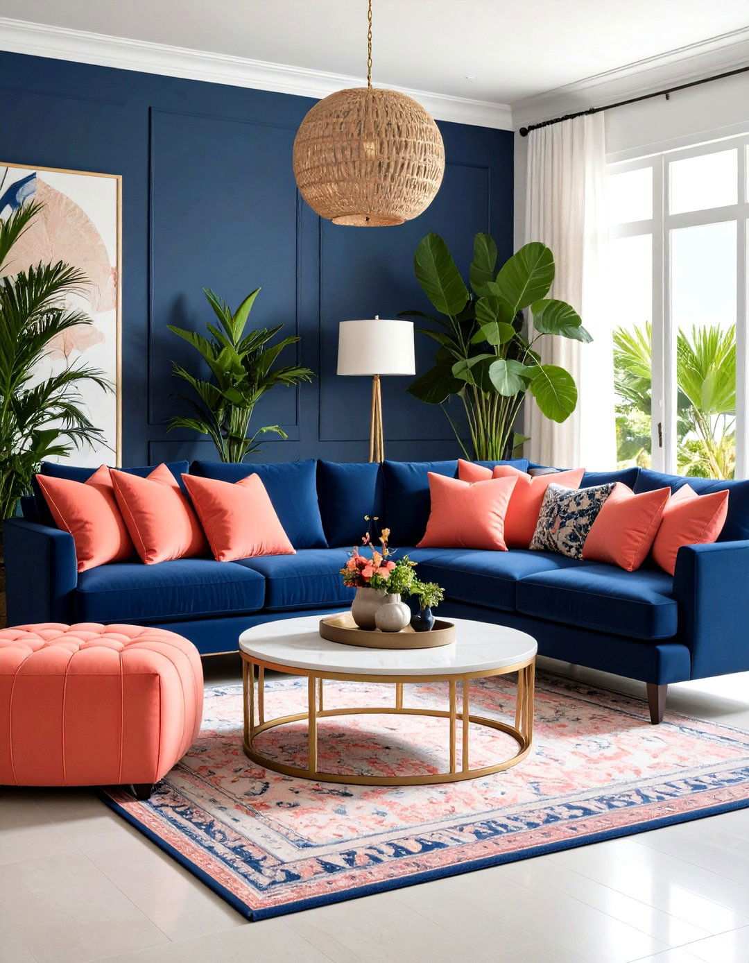 Navy and Coral Living Room - 24 Navy Living Room Ideas