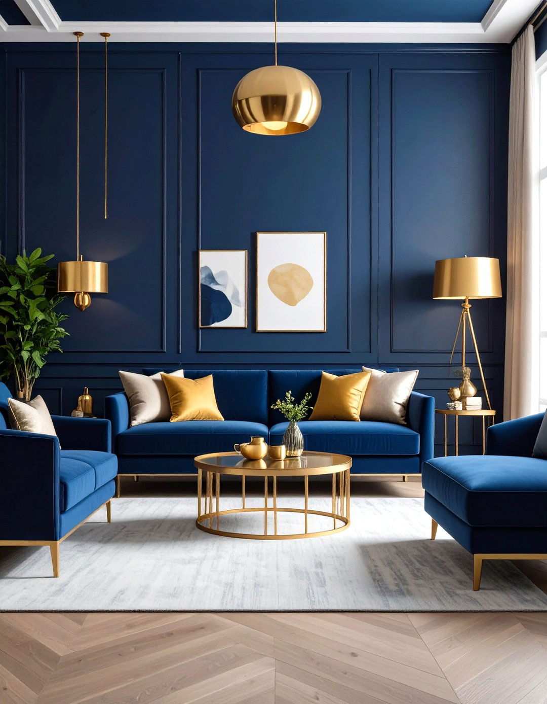 Navy and Gold Metallic Accents - 24 Navy Blue Living Room Ideas