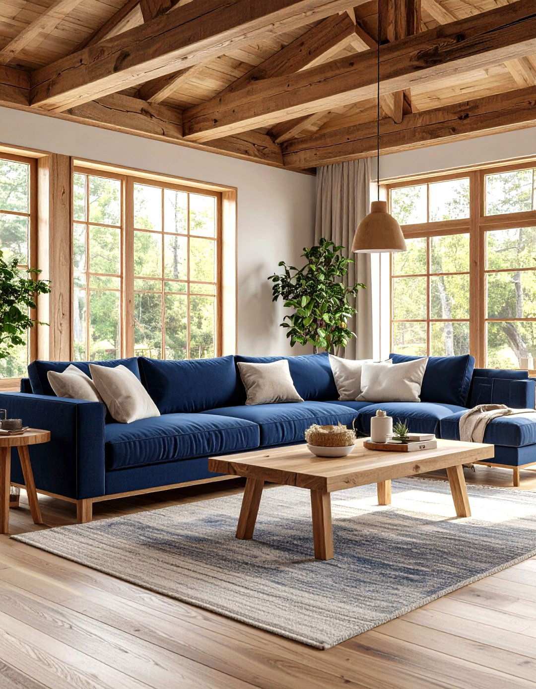Navy and Natural Wood Combination - 24 Navy Blue Living Room Ideas