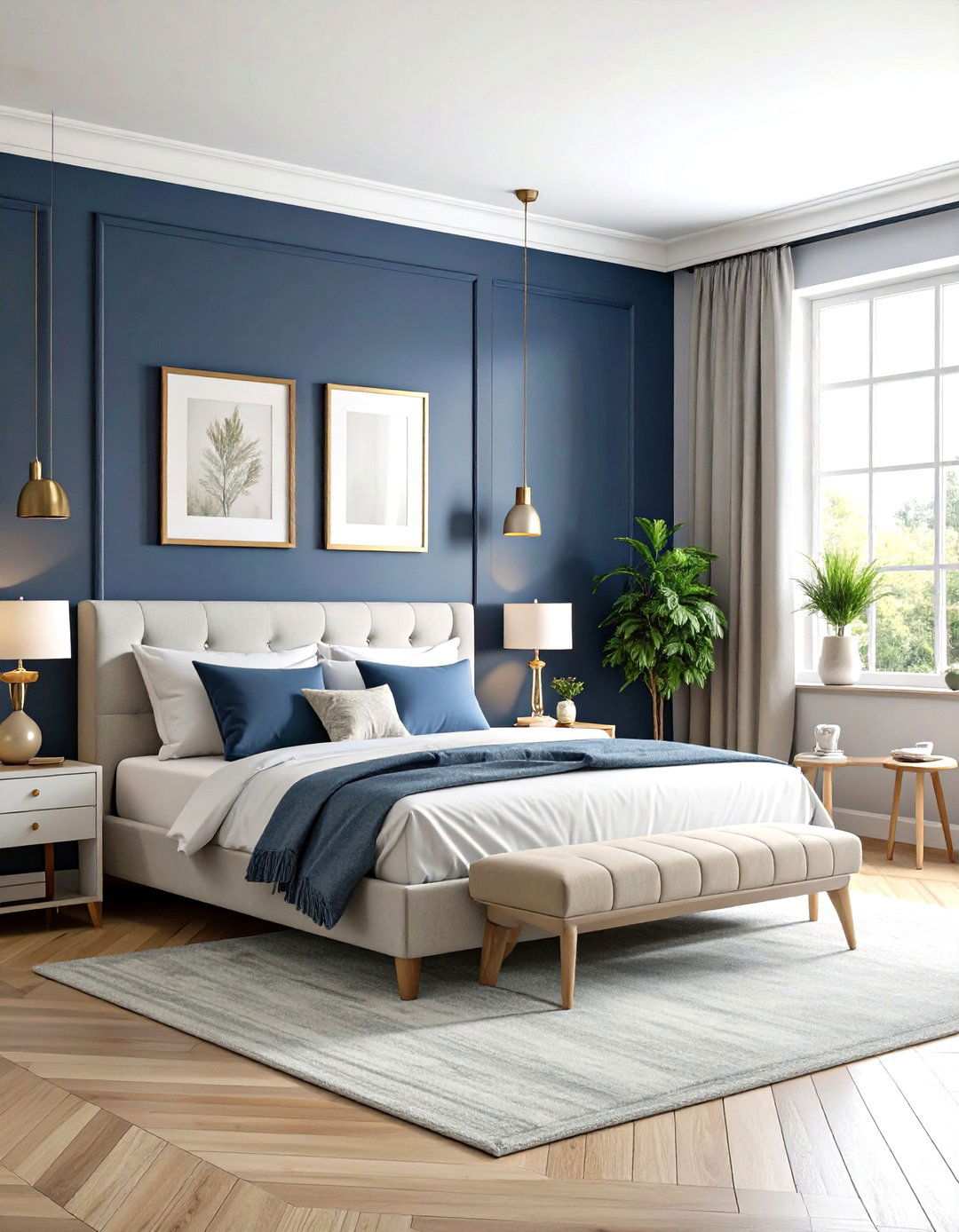 Navy Blue Accent Wall with Grey Bedding - 24 Navy Blue and Grey Bedroom Ideas