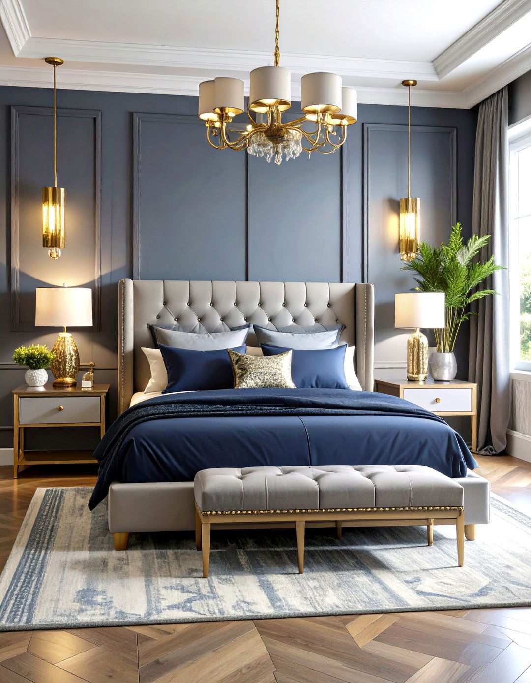 Navy Blue and Grey with Metallic Accents - 24 Navy Blue and Grey Bedroom Ideas