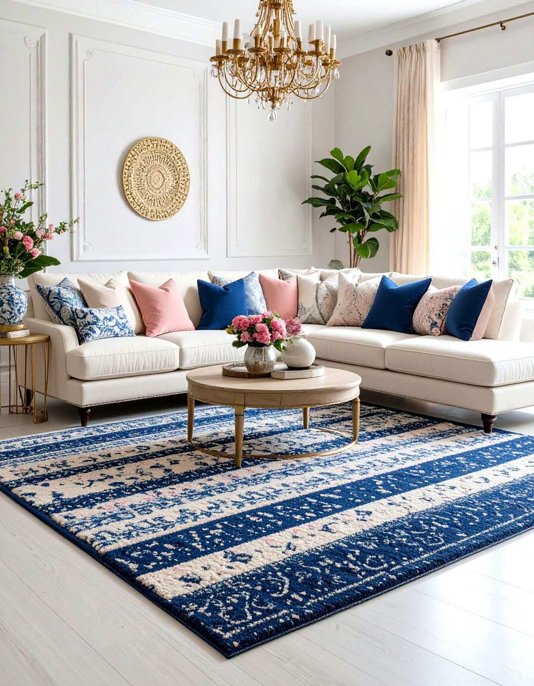 Navy Blue and Pink Striped Area Rug with Neutral Seating - 24 Pink and Blue Living Room Ideas