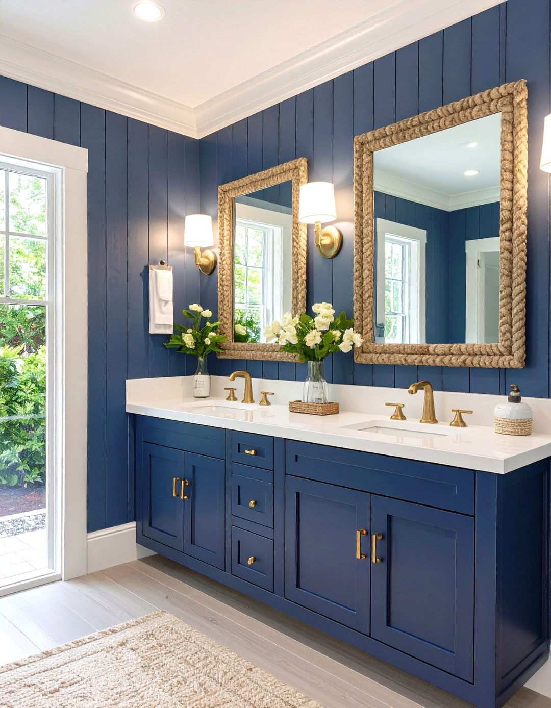 Navy Blue Beadboard Coastal Theme - 24 Powder Room Wainscoting Ideas