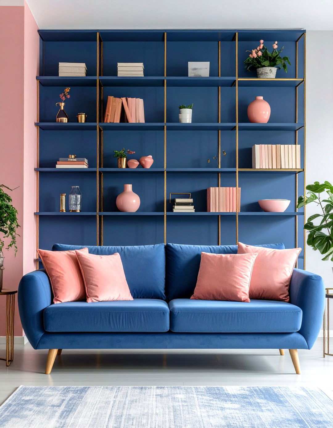 Navy Blue Built in Shelving with Coral Pink Statement Pieces - 24 Pink and Blue Living Room Ideas