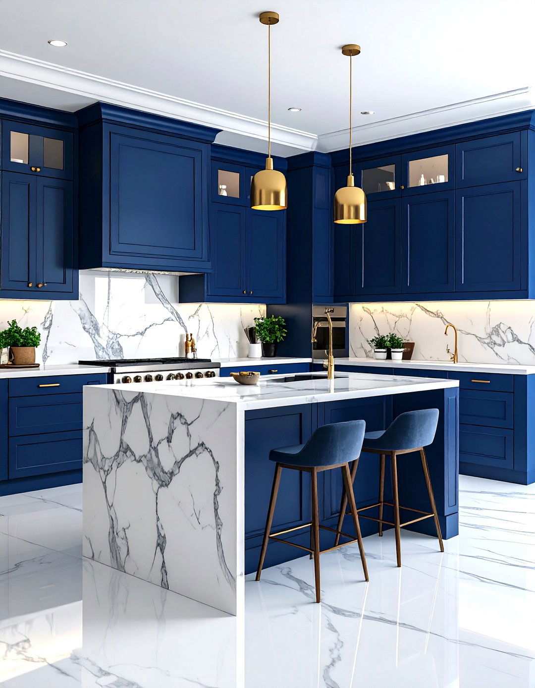 Navy Blue Cabinets with Marble Countertops and Backsplash - 24 Navy Blue Kitchen Cabinets Ideas