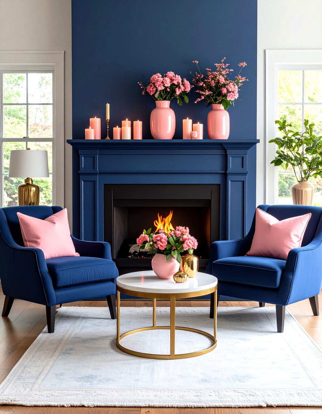 Navy Blue Fireplace Surround with Pink Mantel Styling - 24 Pink and Blue Living Room Ideas
