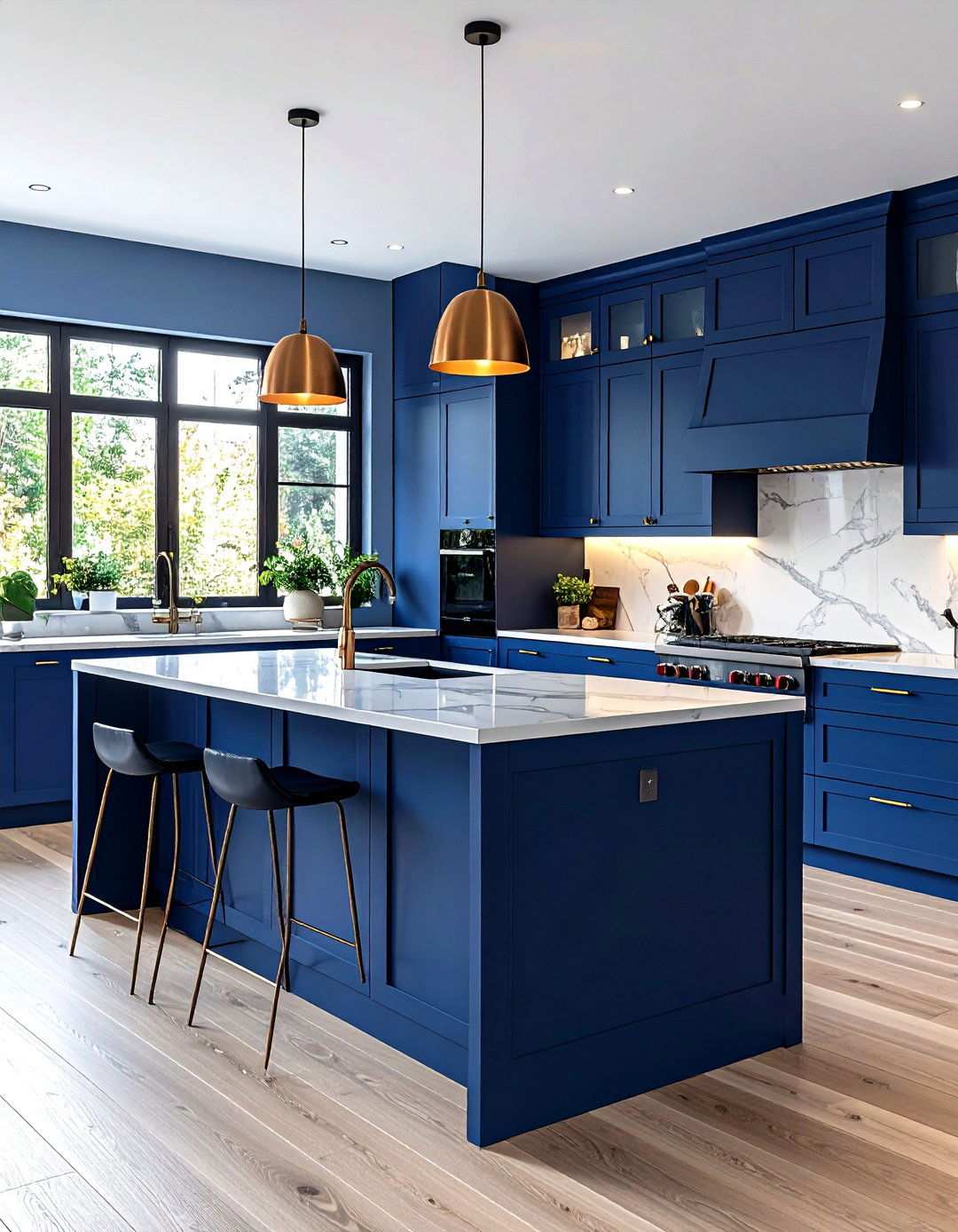 Navy Blue Kitchen Island with Waterfall Countertop - 24 Navy Blue Kitchen Cabinets Ideas