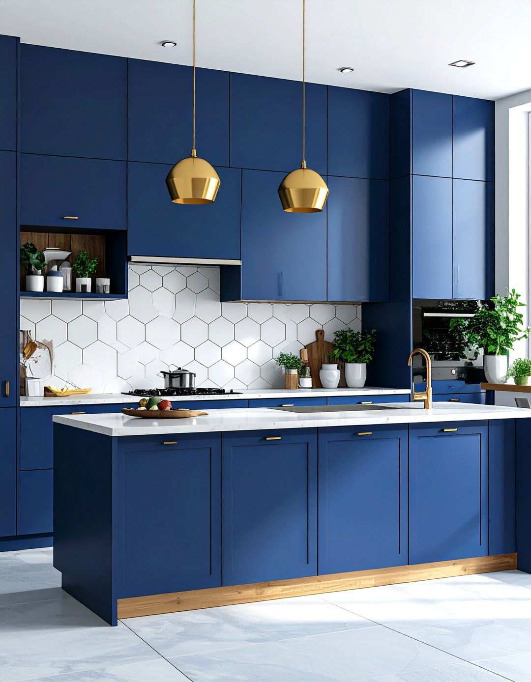 Navy Blue Kitchen with Geometric Tile Backsplash - 24 Navy Blue Kitchen Cabinets Ideas