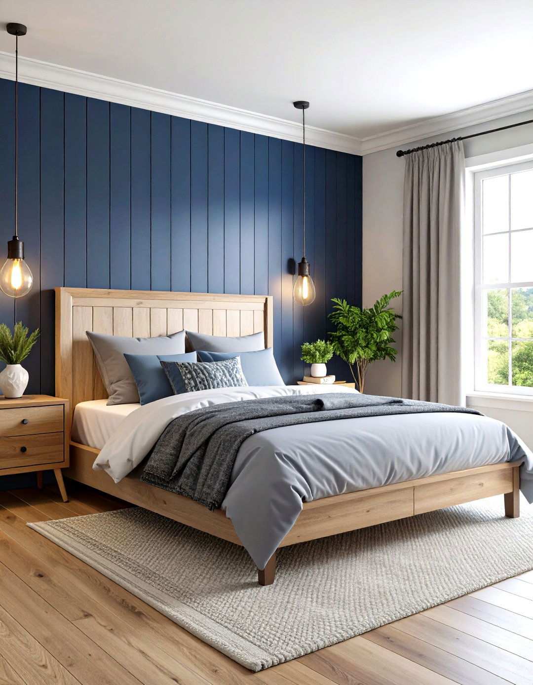 Navy Blue Shiplap and Grey Bedding - 24 Navy Blue and Grey Bedroom Ideas