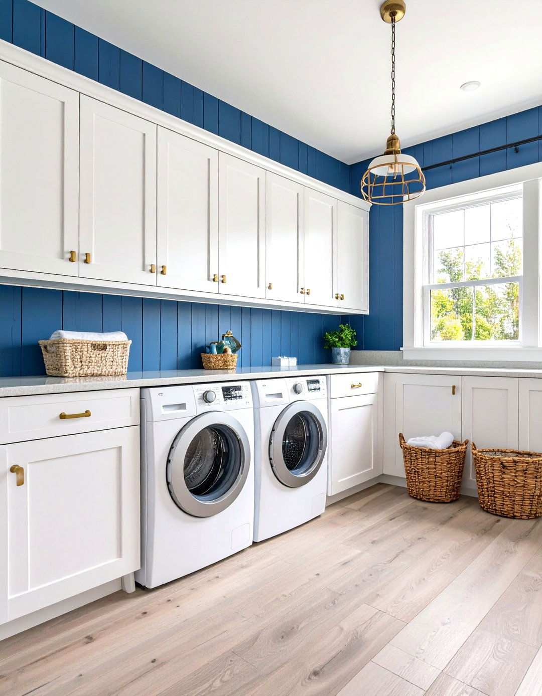 Navy Blue Shiplap with White Cabinets - 24 Shiplap Laundry Room Ideas