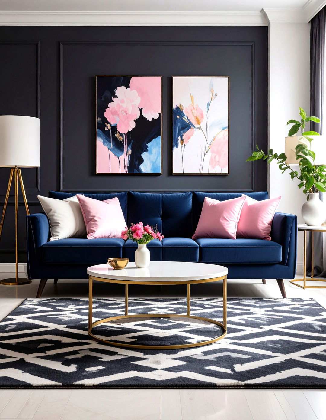 Navy Blue Sofa with Hot Pink Accent Pillows and Art - 24 Pink and Blue Living Room Ideas