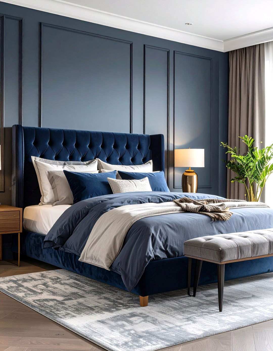 Navy Blue Velvet and Grey Linen Textures - 24 Navy Blue and Grey Bedroom Ideas