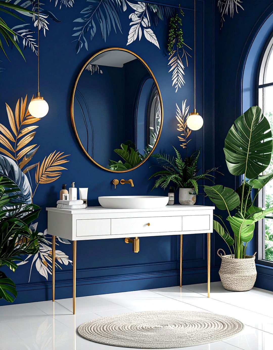 Navy Botanical Wallpaper Powder Room - 24 navy blue powder room ideas