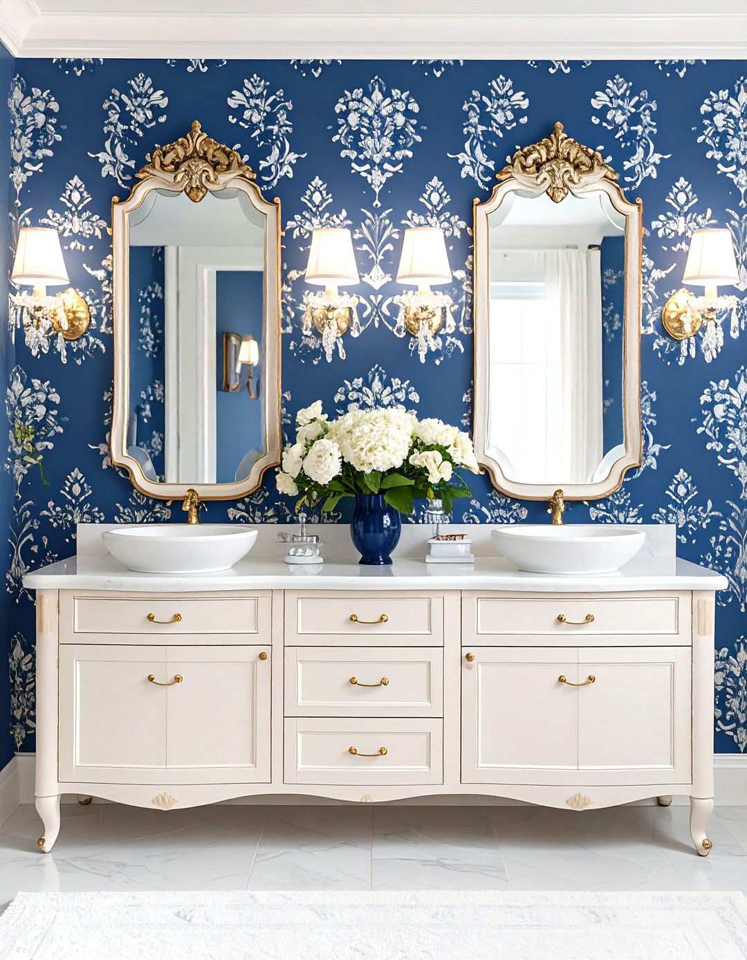 Navy Damask Wallpaper Powder Room - 24 navy blue powder room ideas
