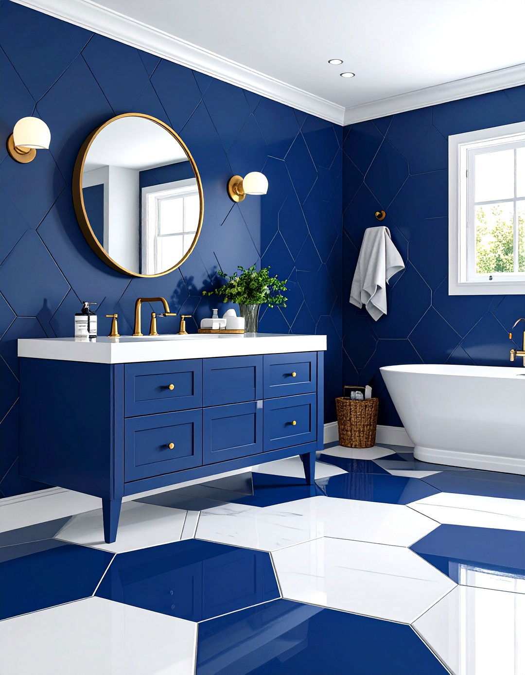 Navy Hexagon Tile Floor Powder Room - 24 navy blue powder room ideas