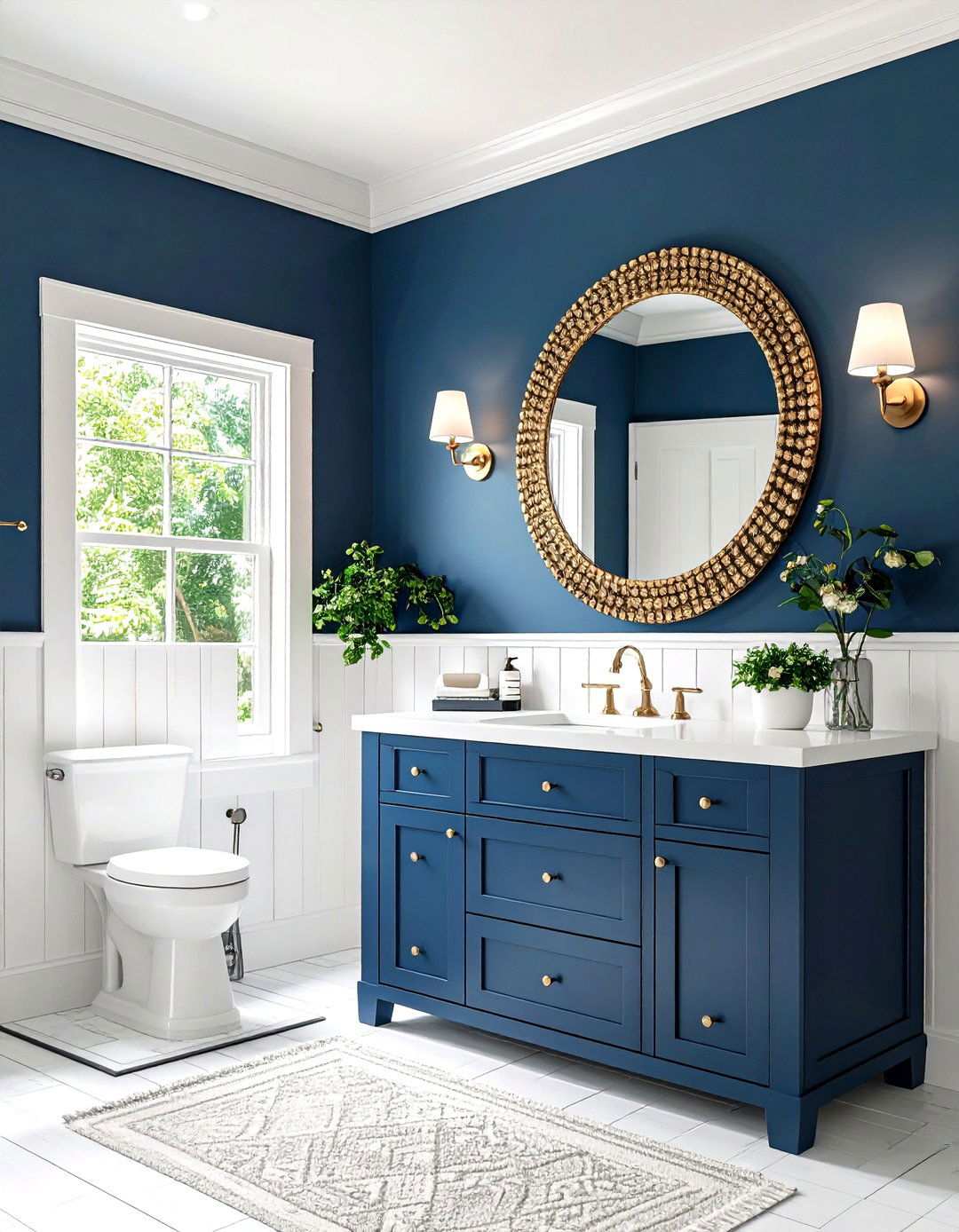Navy Powder Room with Beadboard - 24 navy blue powder room ideas