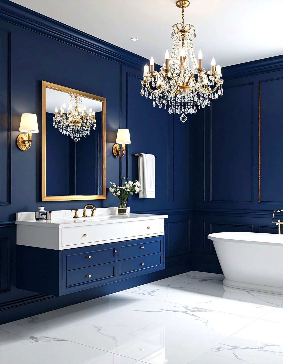 Navy Powder Room with Crystal Chandelier - 24 navy blue powder room ideas