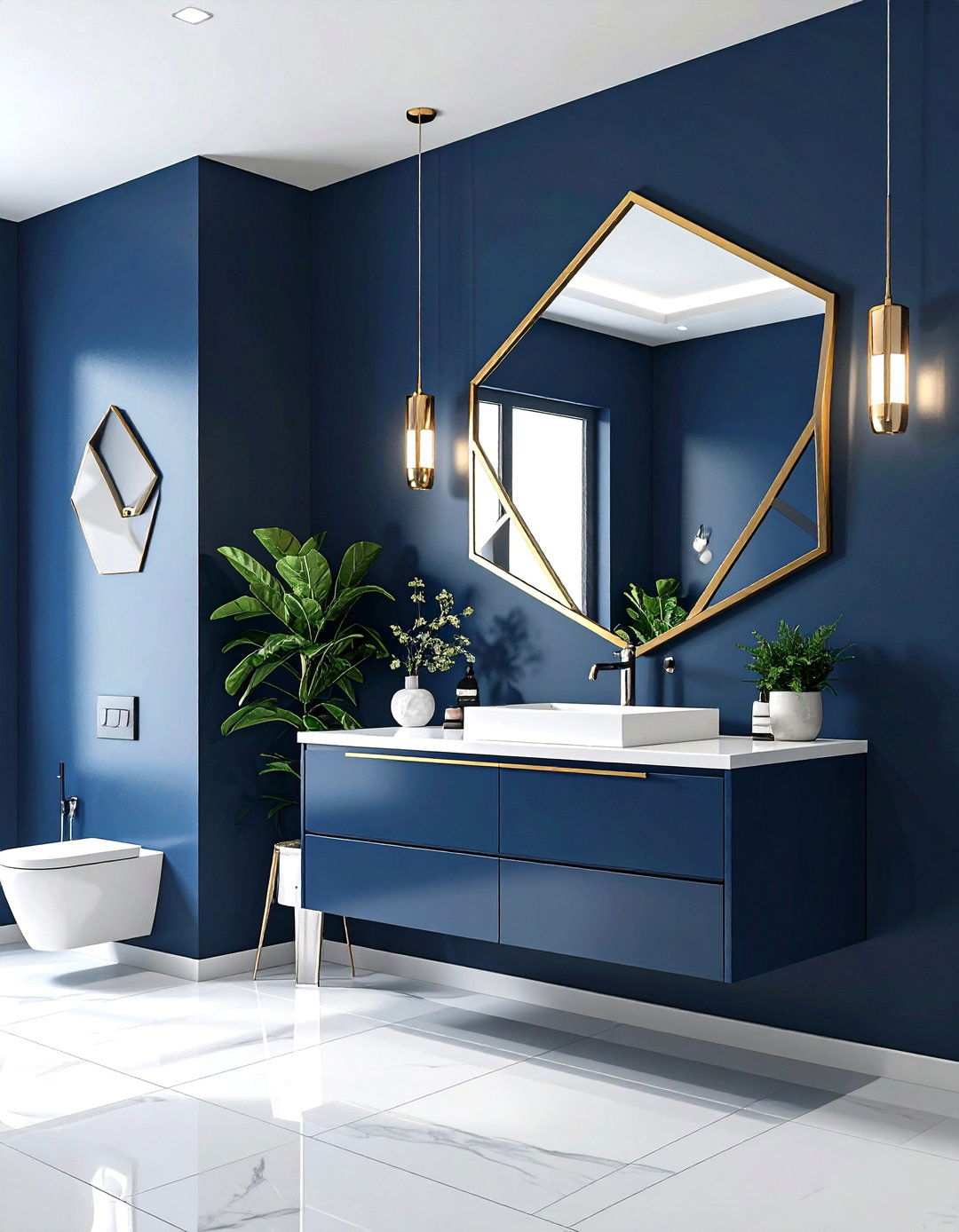 Navy Powder Room with Geometric Mirror - 24 navy blue powder room ideas