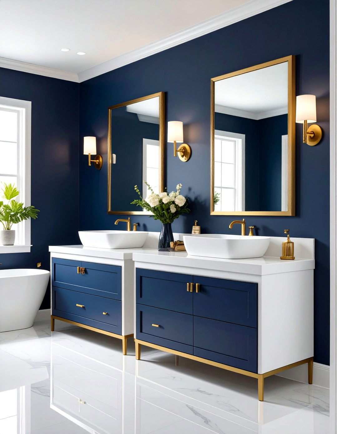 Navy Powder Room with Gold Accents - 24 navy blue powder room ideas