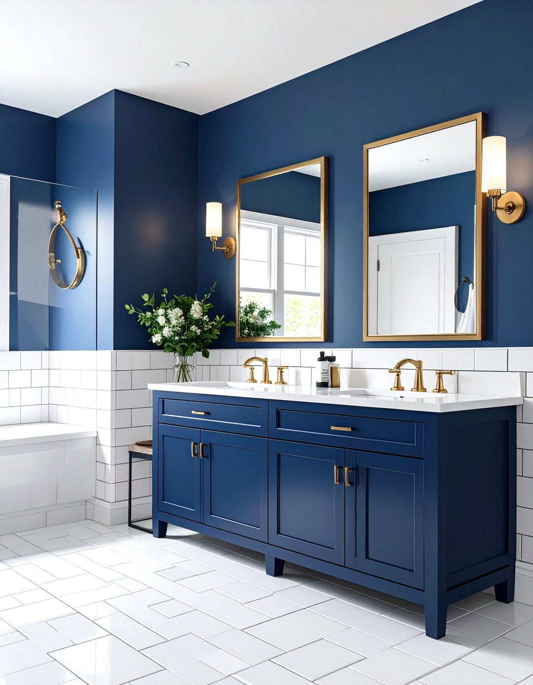 Navy Powder Room with Subway Tile - 24 navy blue powder room ideas