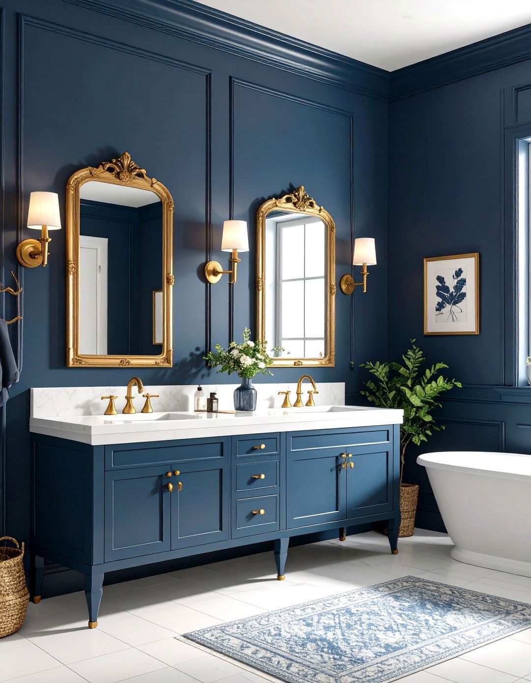 Navy Powder Room with Vintage Brass Fixtures - 24 navy blue powder room ideas