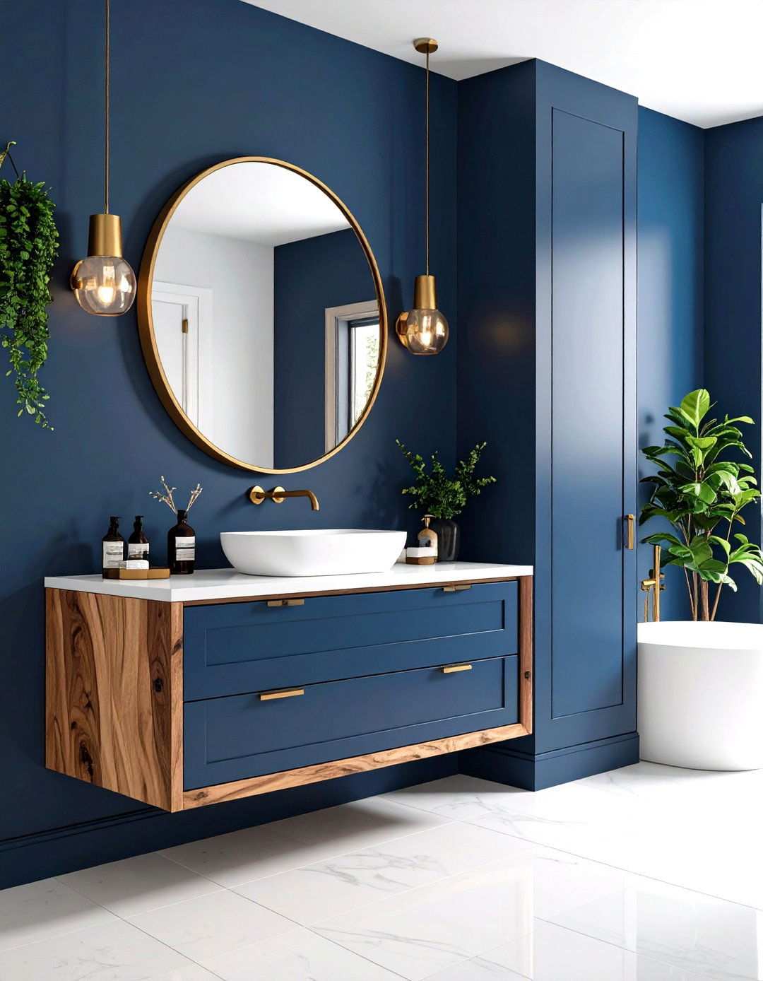 Navy Powder Room with Wood Vanity - 24 navy blue powder room ideas