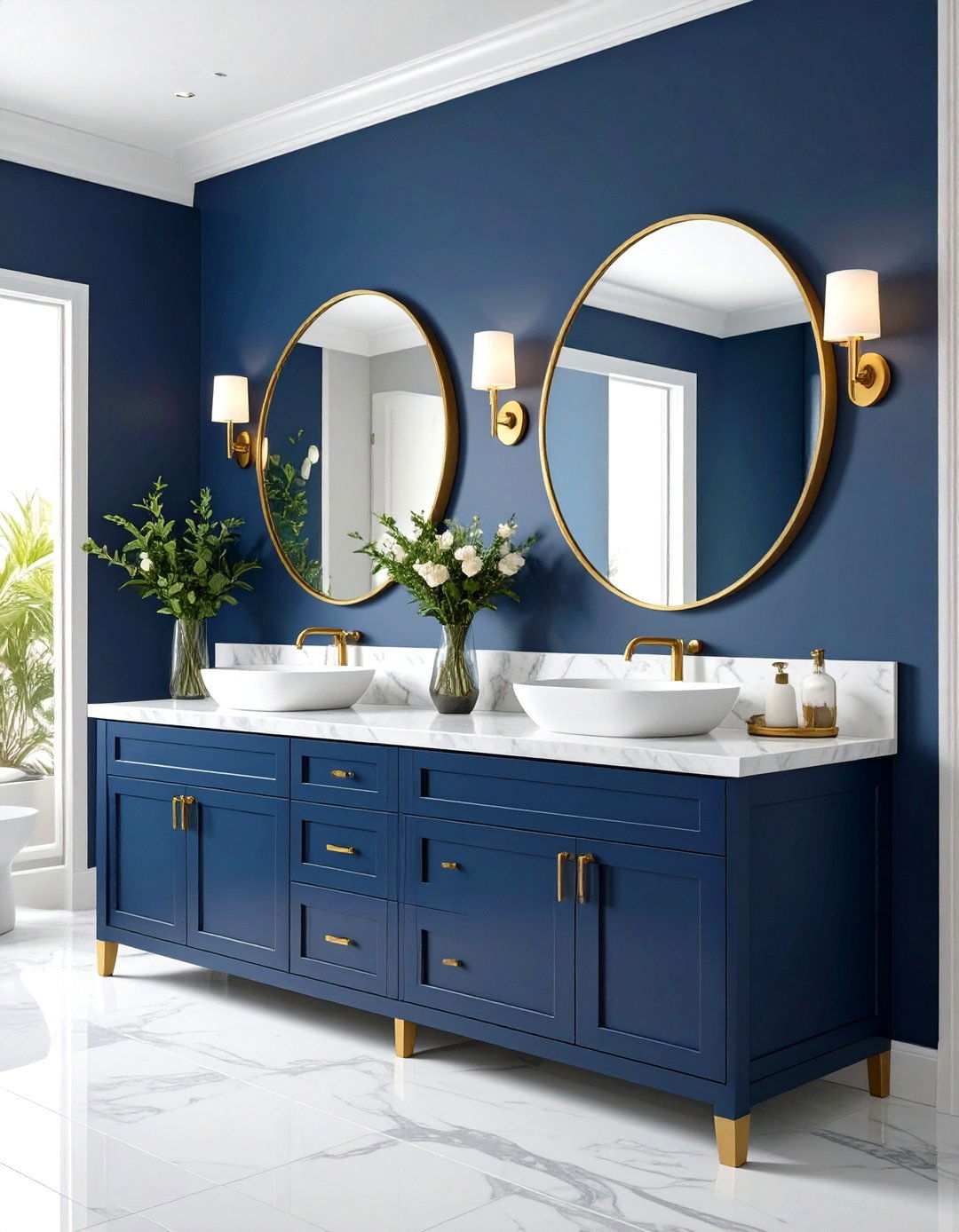 Navy Vanity with Marble Countertops - 24 navy blue powder room ideas