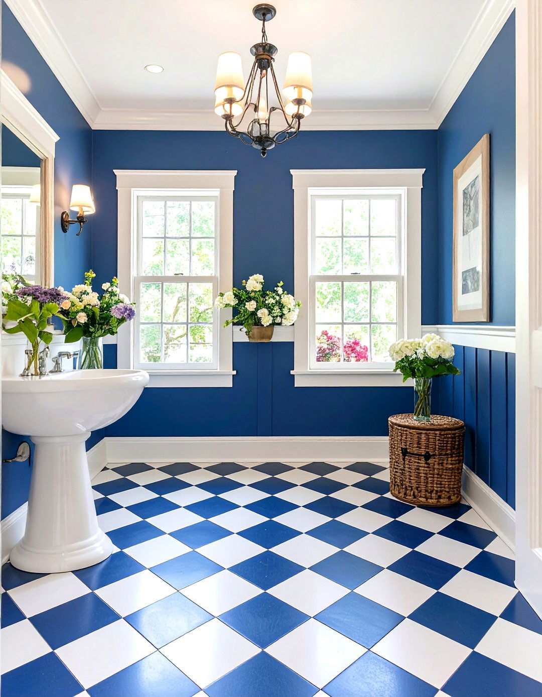 Navy Wainscoting with White Upper Walls - 24 navy blue powder room ideas