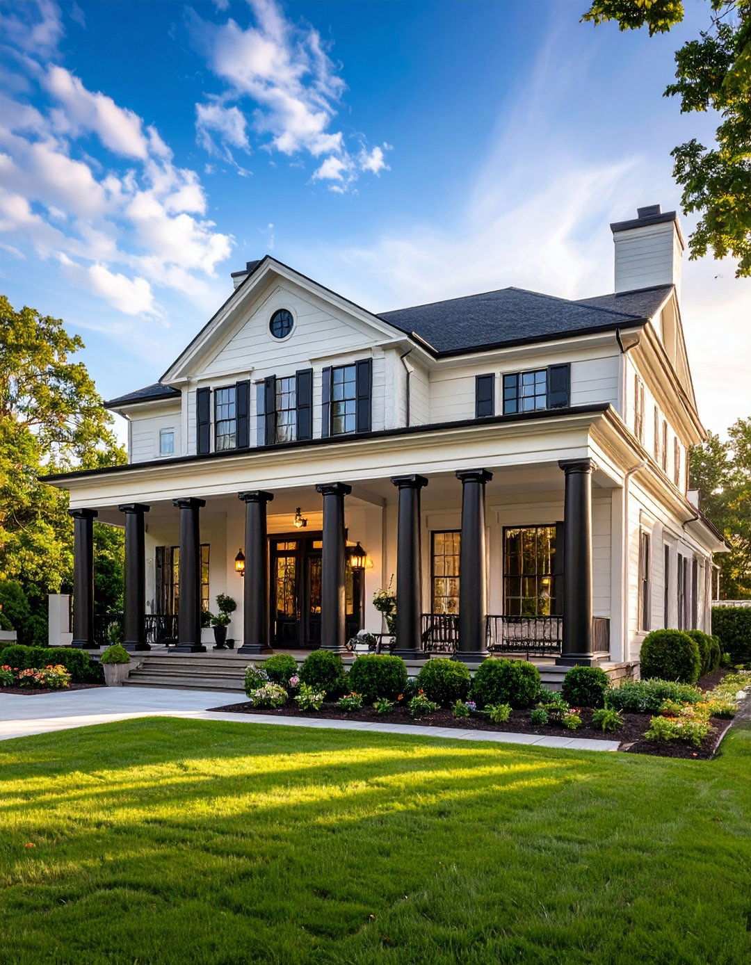 Neoclassical Black Columns - 24 Red Brick House with Black Trim Design Ideas