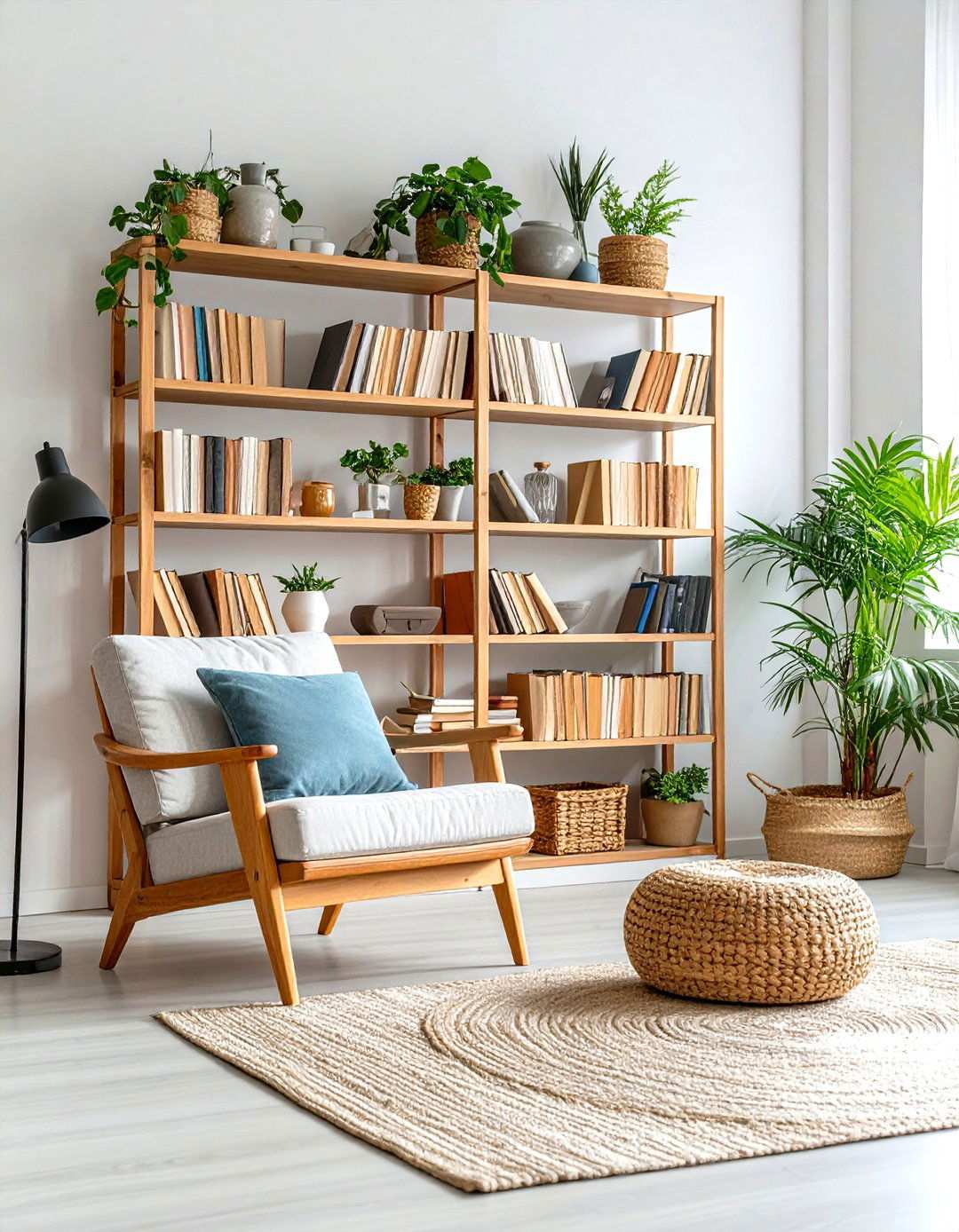 Neutral Floor to Ceiling Bookshelf Living Room - 24 Neutral Boho Living Room Ideas