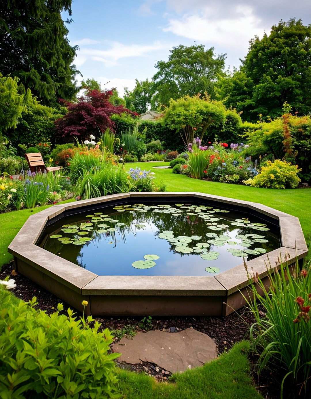 Octagonal Raised Pond with Formal Garden Integration - 24 Raised Garden Pond Ideas