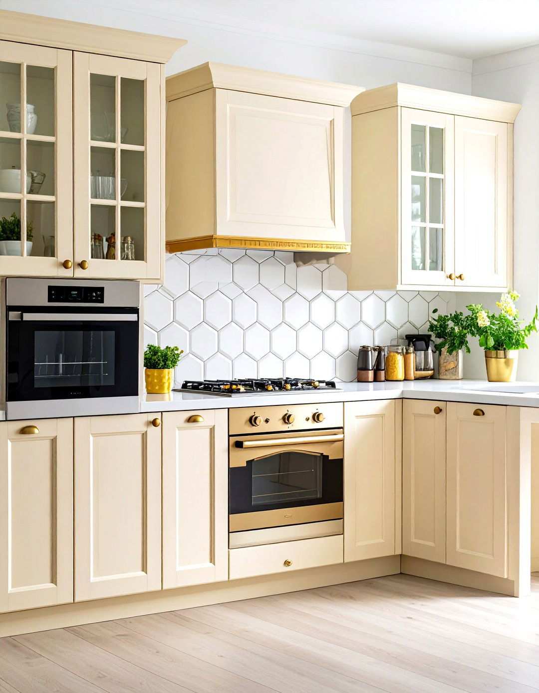 Off White Cabinets with Geometric Tile Backsplash - 24 Off-white Kitchen Cabinets