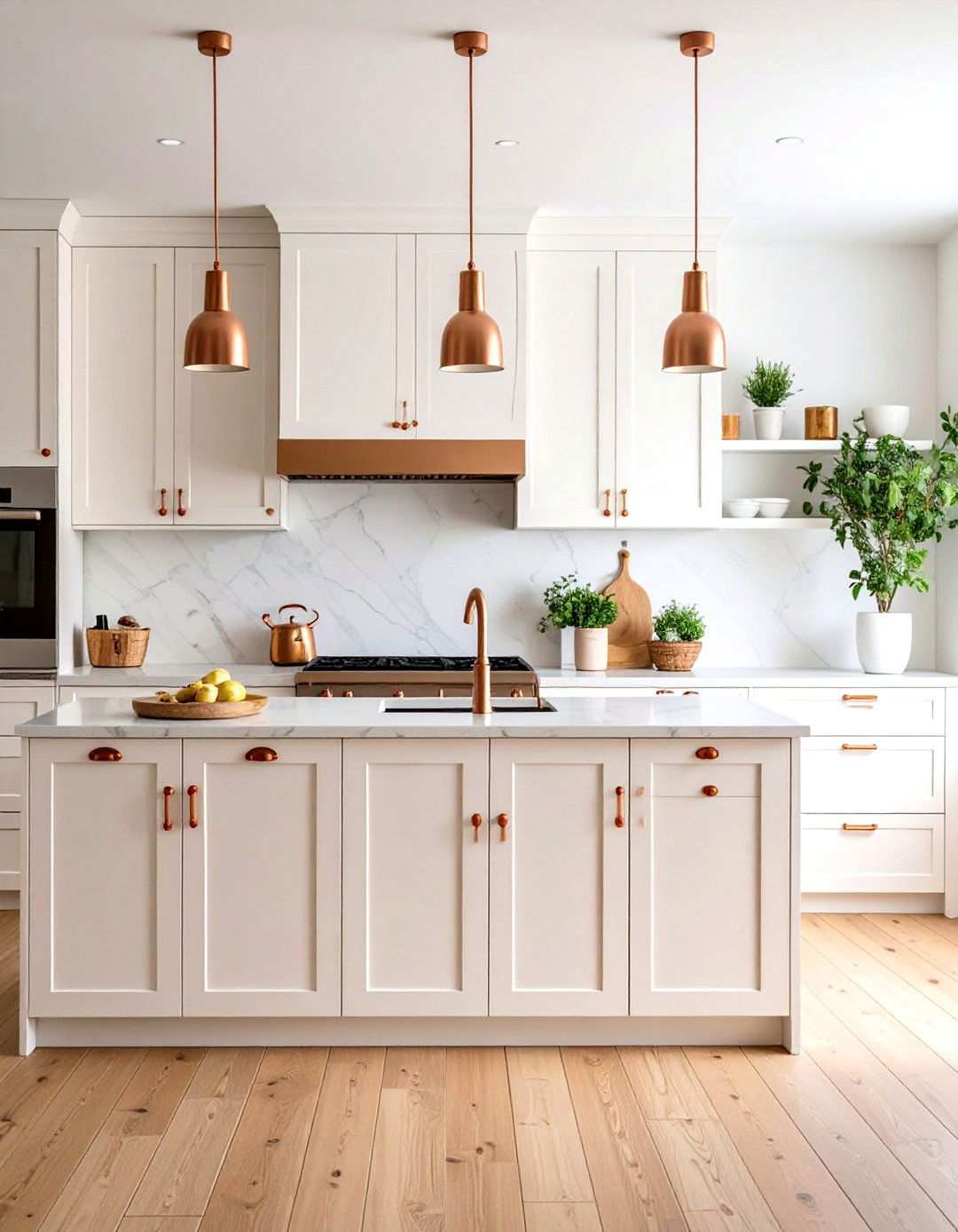 Off White Flat Front Cabinets with Copper Accents - 24 Off-white Kitchen Cabinets