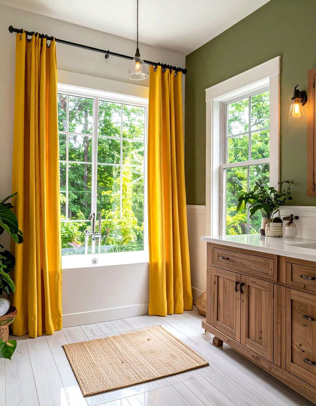 Olive Green Window Trim with Bright Yellow Shower Curtain - 24 Yellow and Green Bathroom Ideas