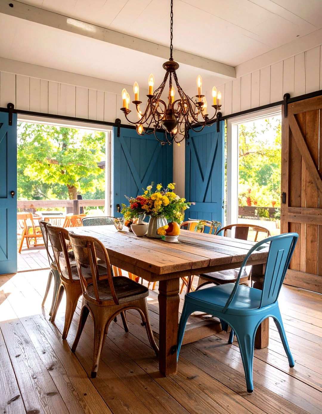 Open Concept Dining Area with Sliding Barn Doors - 24 Rustic Barndominium Interior Design Ideas