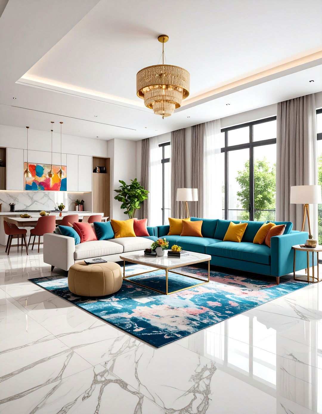Open Concept Marble Flow Design - 24 Marble Floor Living Room Ideas