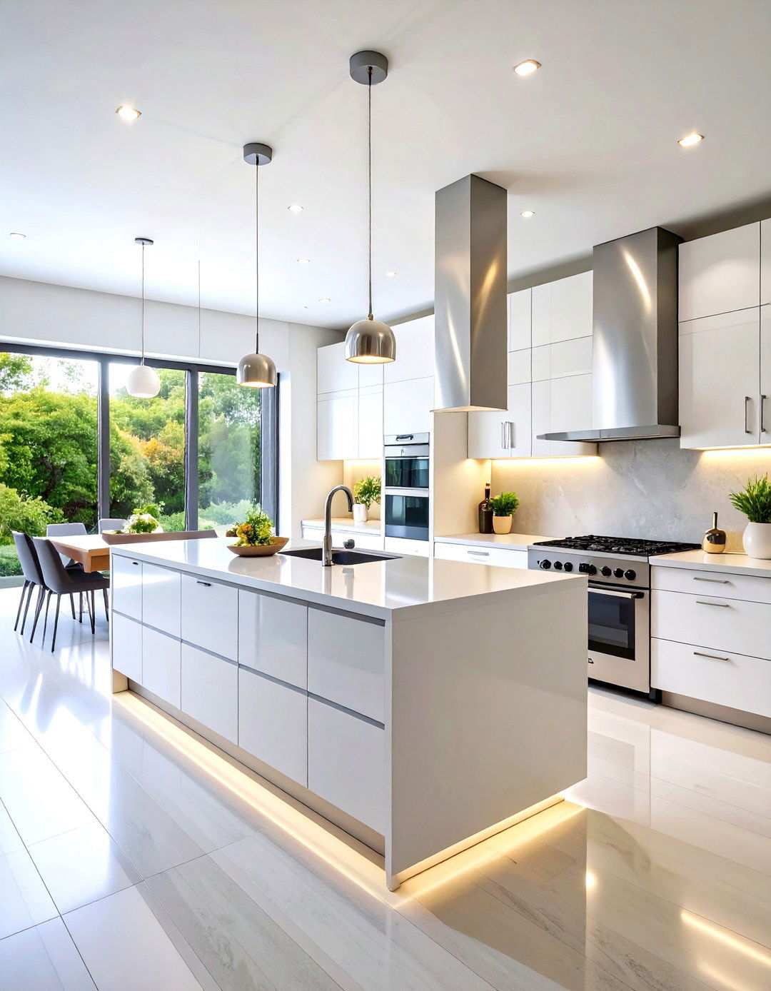 Open Concept White Kitchen with Stainless Steel Focal Wall - 24 White Kitchen with Stainless Steel Appliances Ideas