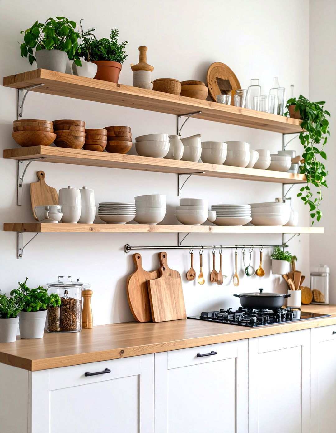 Open Floating Shelves with Curated Dishware - 24 Kitchen Wall Decor Ideas