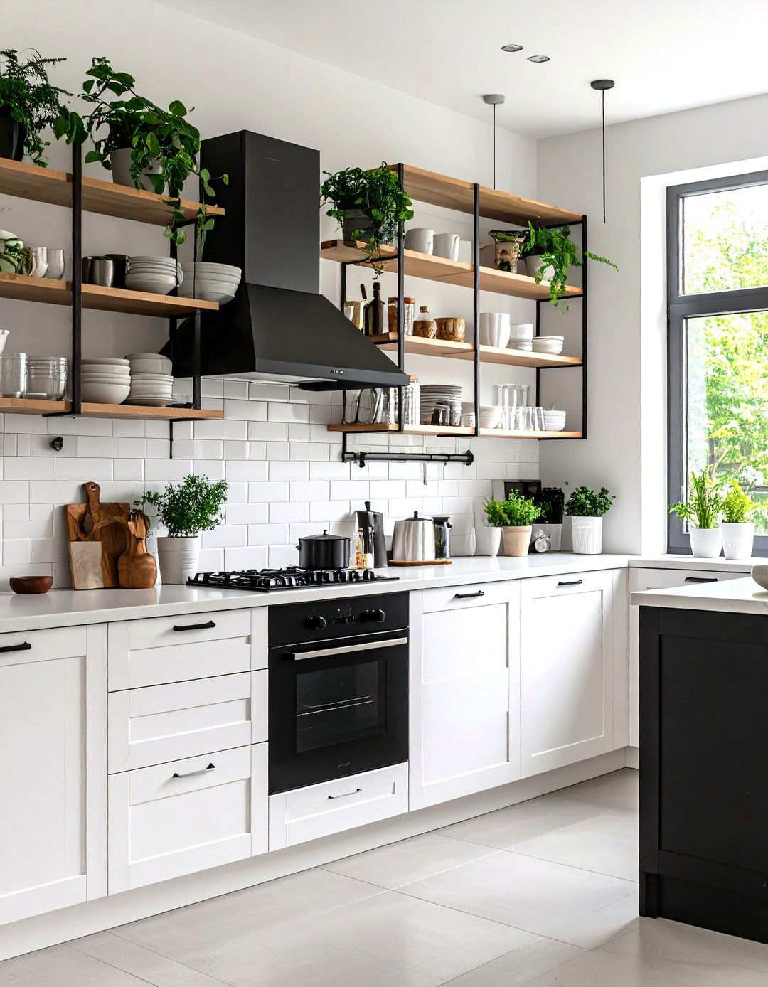 Open Shelving Display Strategy - 24 Kitchen With White Cabinets and Black Countertops Ideas