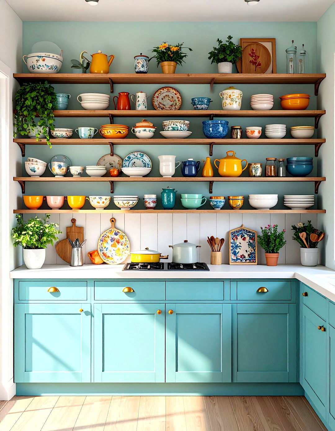 Open Shelving Kitchen with Colorful Dishware Display - 24 Maximalist Kitchen Decor Ideas