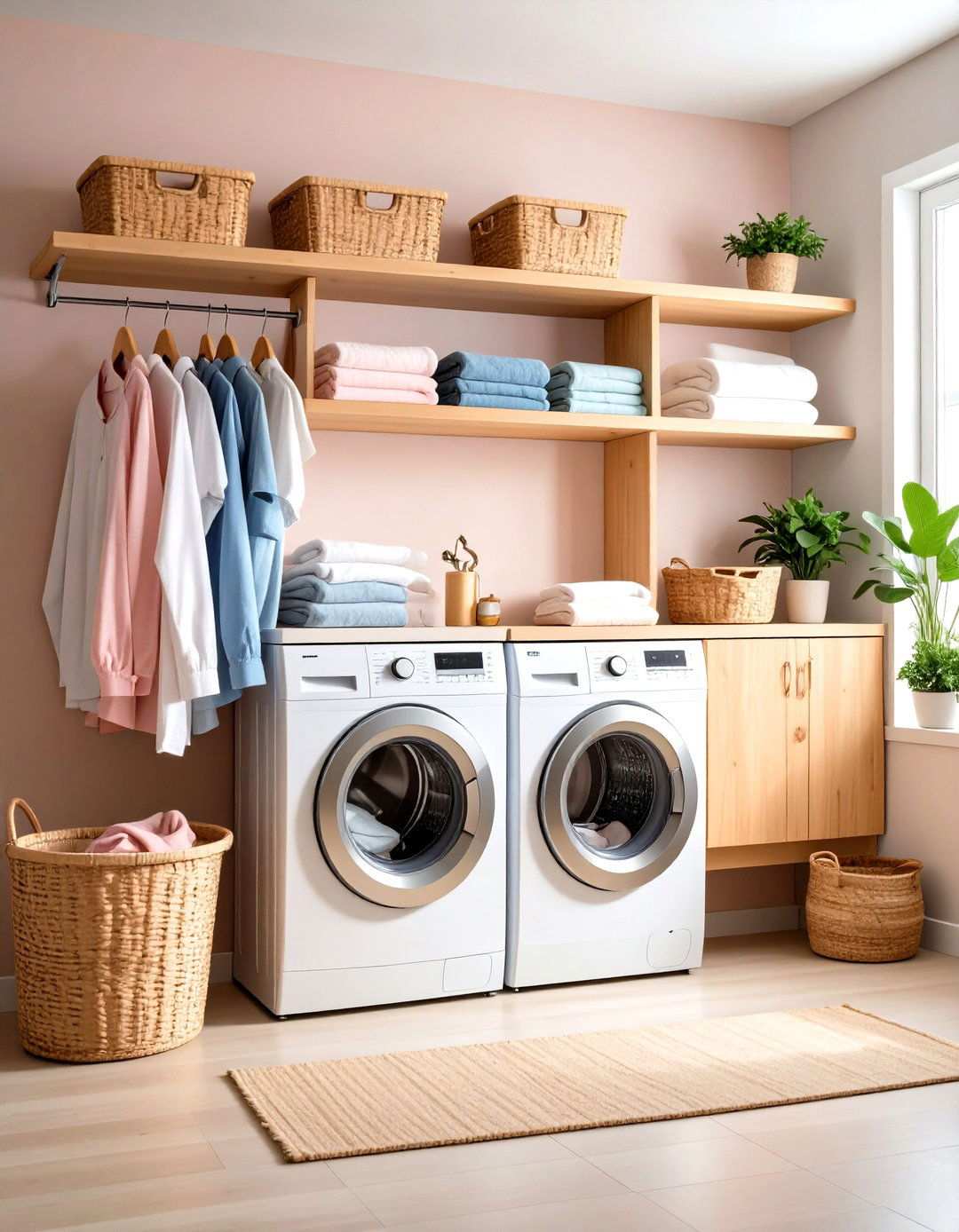 Open Shelving With Hanging Rod - 24 Laundry Room Shelf Ideas